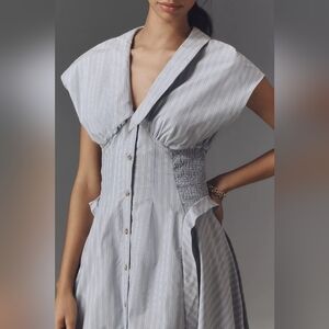 Anthropologie Pinstripe Button-Front Midi Dress, Smocked Waist Boho, Size SP